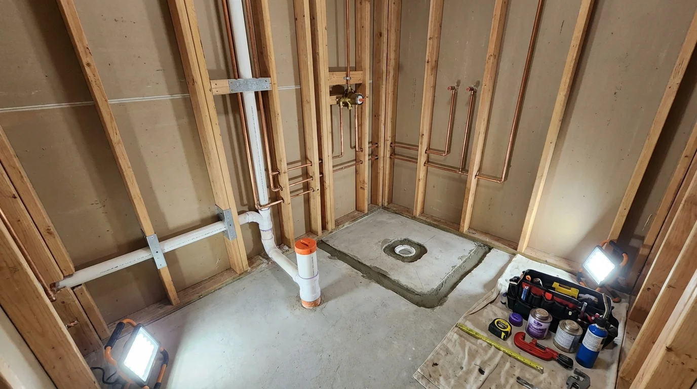 Bathroom rough-in plumbing during remodel by Johns Plumbing LLC in Guthrie Center