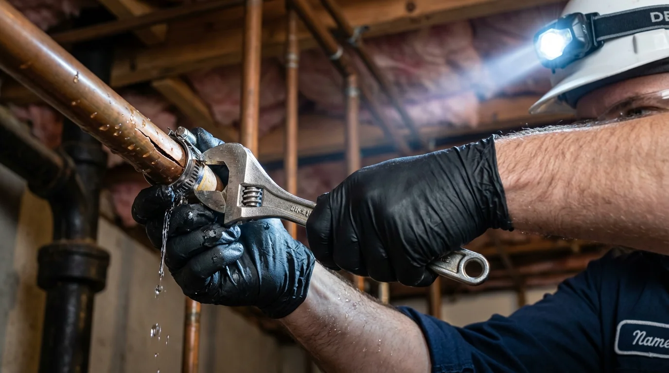 Emergency pipe clamp repair being performed by a Johns Plumbing LLC plumber in Guthrie Center