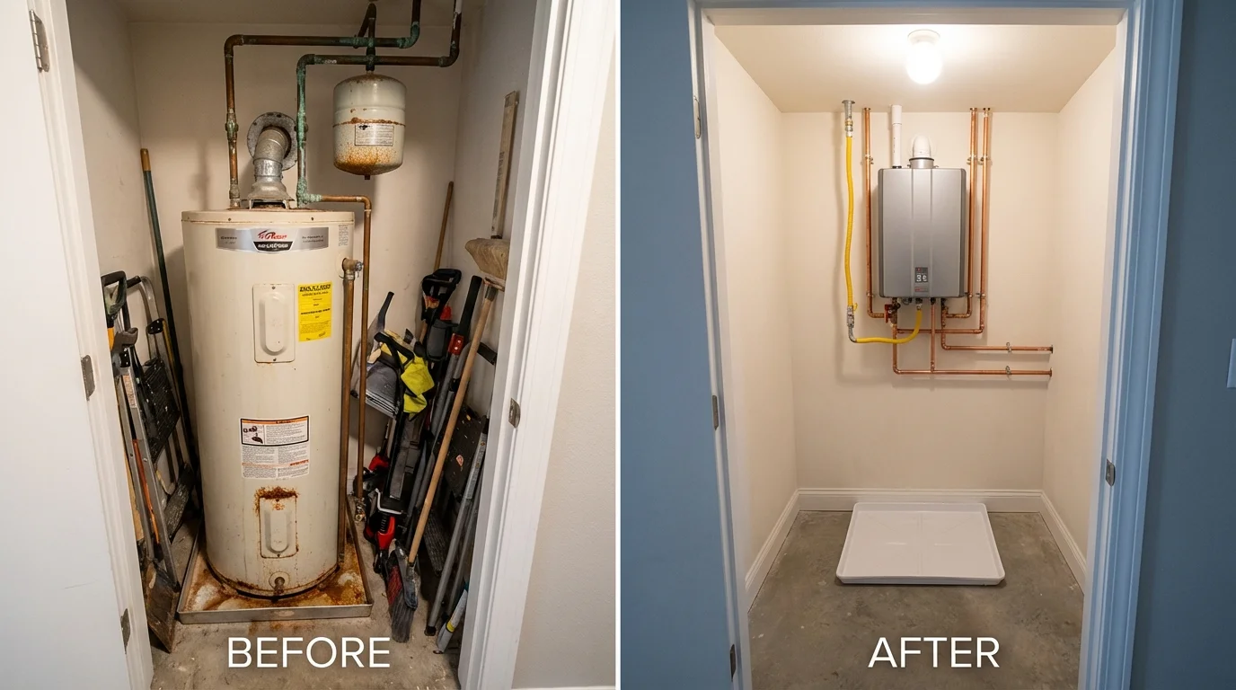 Tank water heater versus wall-mounted tankless unit comparison for Guthrie Center, IA homeowners