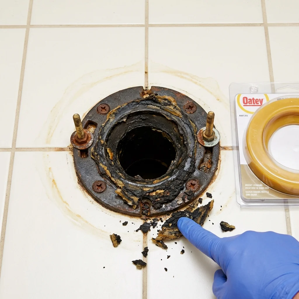 Failed wax ring showing water seepage at the base of a toilet in a Guthrie Center, IA home