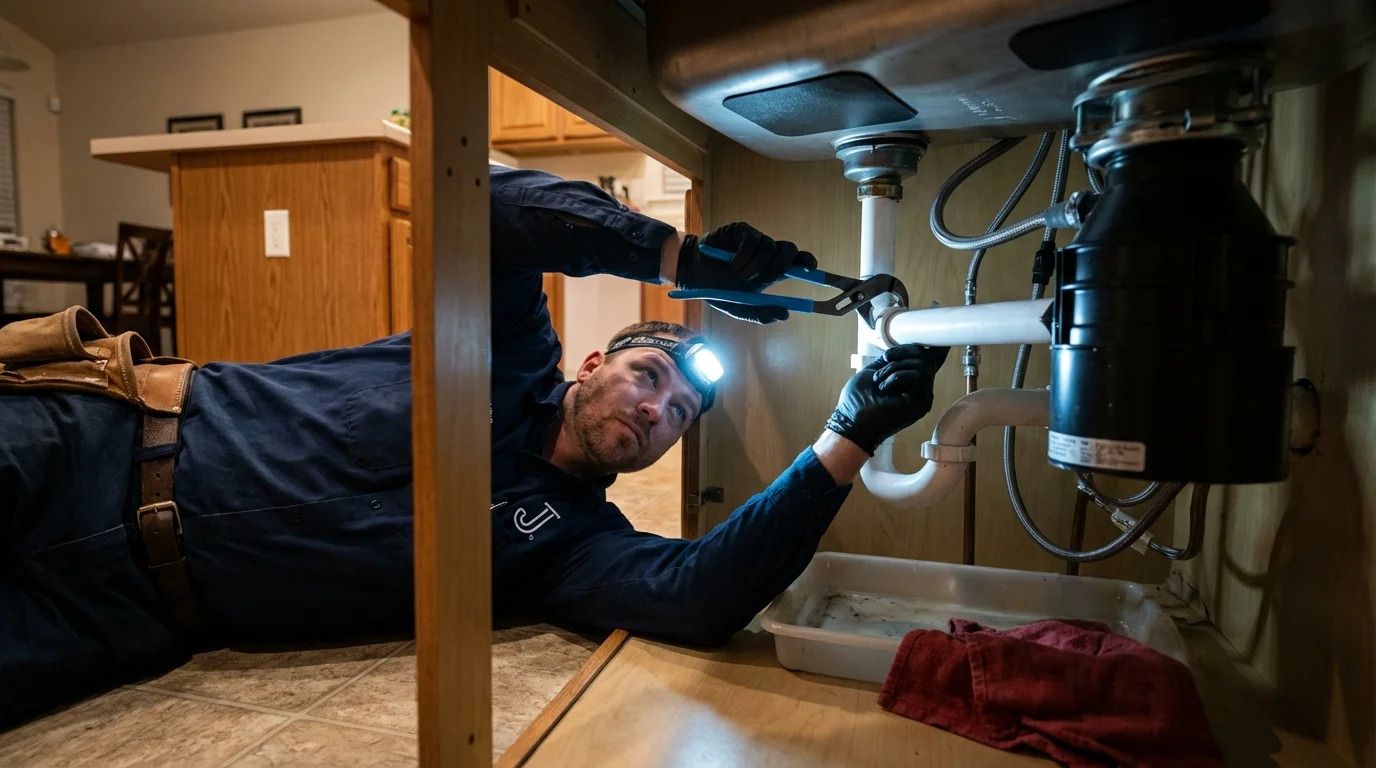 P-trap and supply line connections under a kitchen sink showing a common leak point in Guthrie Center, IA